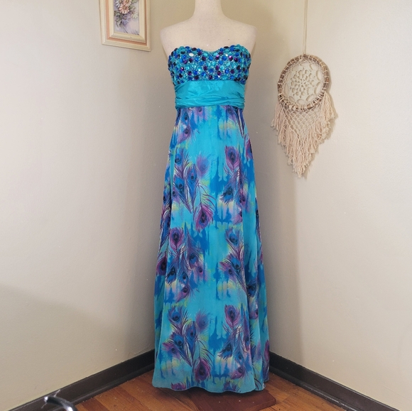Deb | Y2K Blue Purple Embellished Peacock Prom Dress - Picture 1 of 7